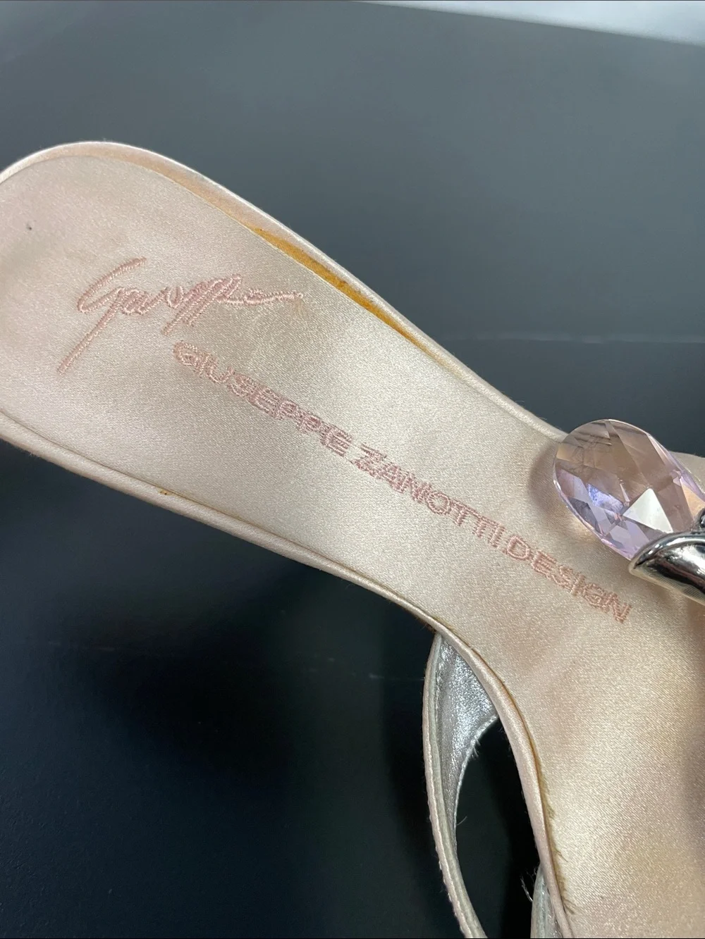 GUISEPPE ZANOTTI CRYSTAL AND SILVER TONE CHAMPAGNE SATIN HEEL MULES FTL-08-203